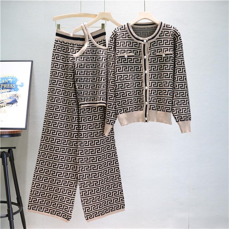 Autumn And Winter Jacquard Knitted Cardigan Women's Suit Jacket Vest And Pants Three Piece Set