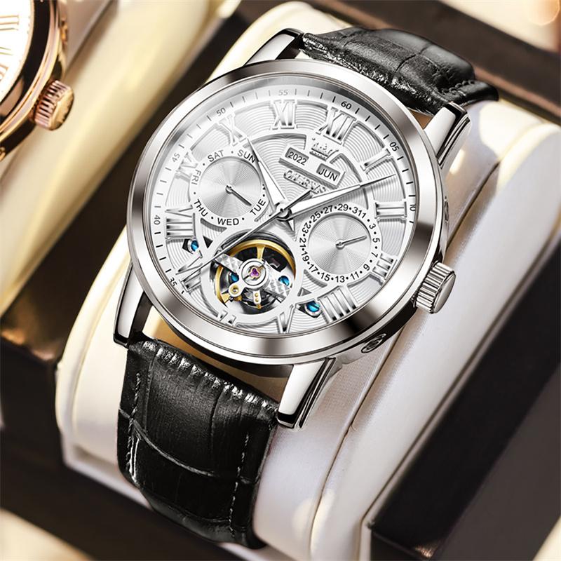 OLEVS Rose Gold Blue Perpetual Calendar Automatic Mechanical Watch Men's Luxury Leather Fashion Tourbillon Watches Reloj Hombre