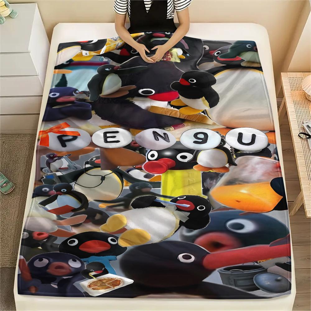 1PC PINGU Print Flannel Blanket, High Quality All Seasons, Home Decor, Warmth and Comfort, Perfect for Christmas Gifts