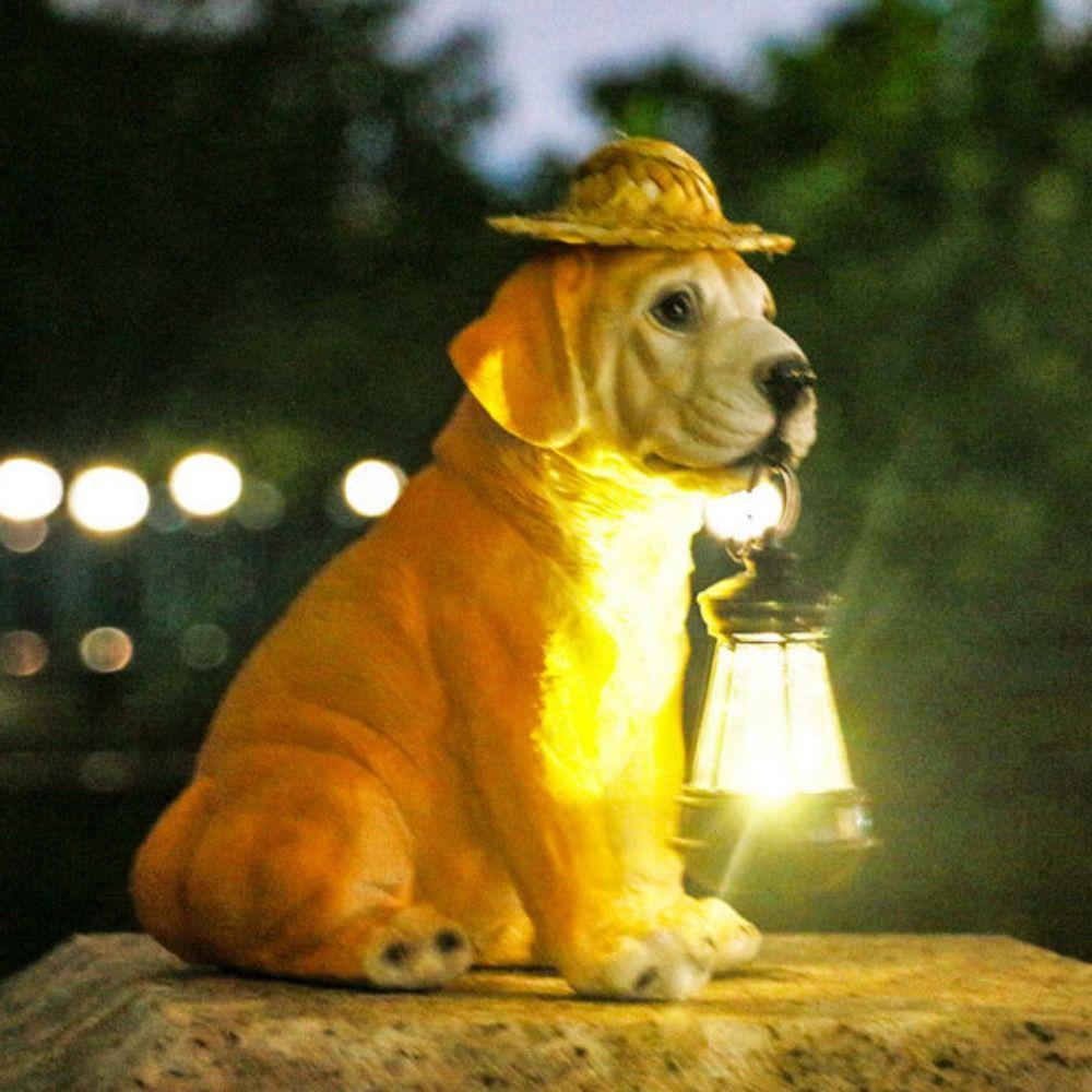 Creative Dog Solar Ornament Resin Animal Sculptures Lamp Puppy Statue Light  Courtyard
