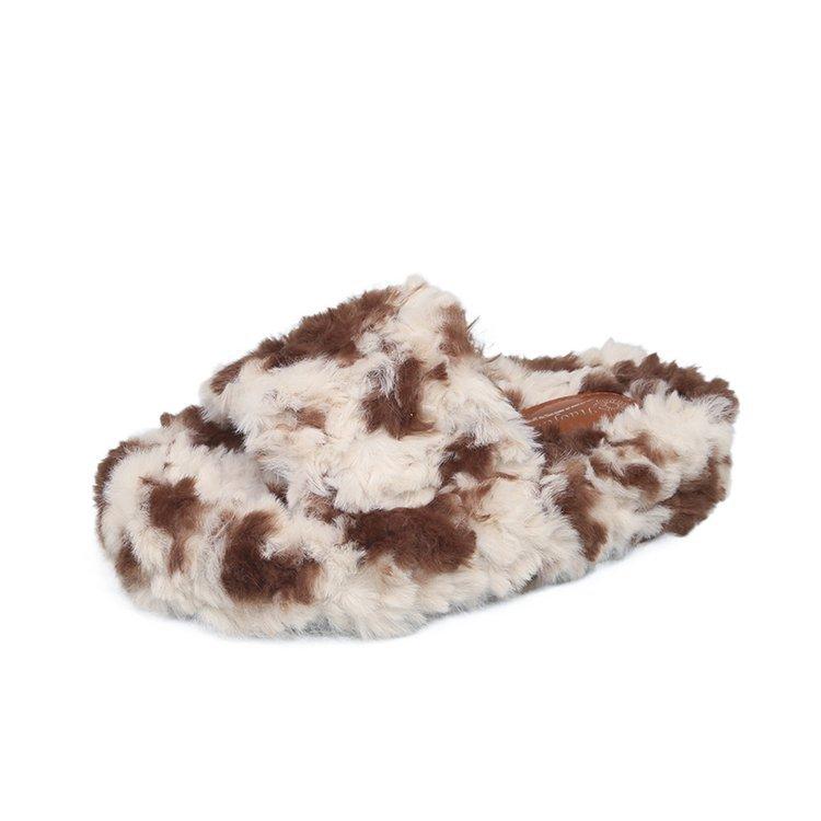 

Плюшевые односложные женские тапочки осень-зима 2024 года, новые тапочки коровьего цвета с толстой подошвой, хлопковые тапочки из плюша и теплых пушистых тканей 40