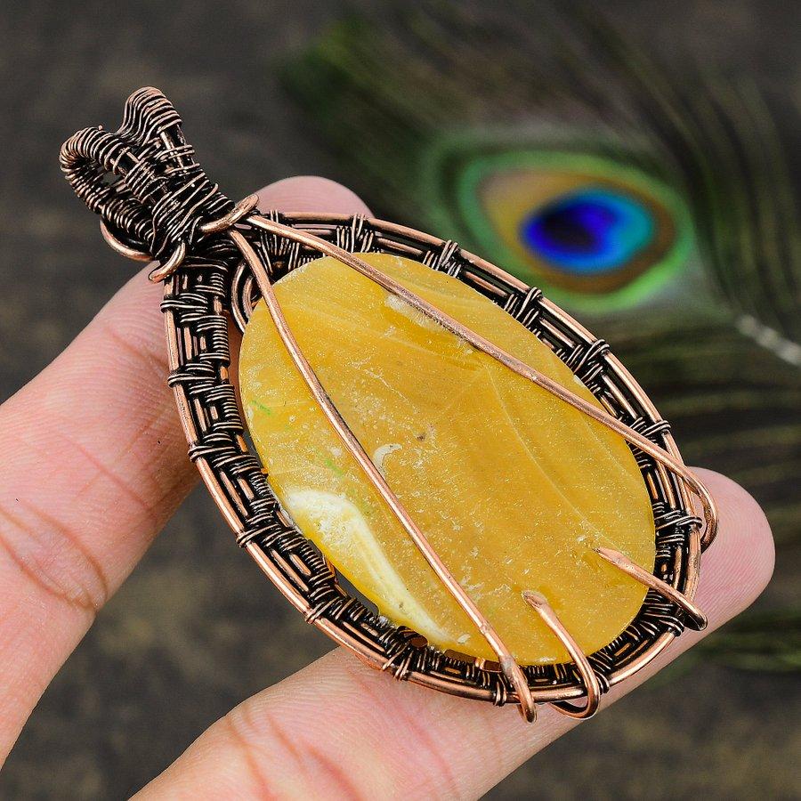 Yellow Fluorite Gemstone Copper Wire Wrap Jewelry Pendant 3.03