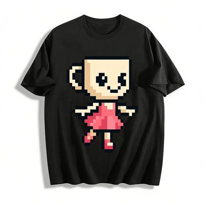 T-shirt Casual à Manches Courtes Imprimé Personnage Tasse Style Pixel Mignon 100% Coton