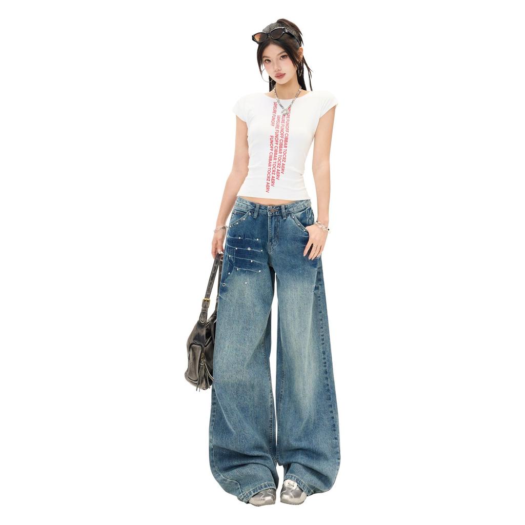Spring Summer Vintage Blue Beaded Slub Wash High Waist Floor Wide Leg Denim Pants For Women Casual Pants Oversize Denim Trousers