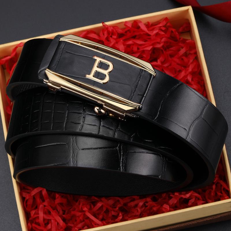 

B-shaped Toothless Automatic Buckle for Men s Genuine Leather Pressed Crocodile Pattern Men s Trousers Belt 125cm