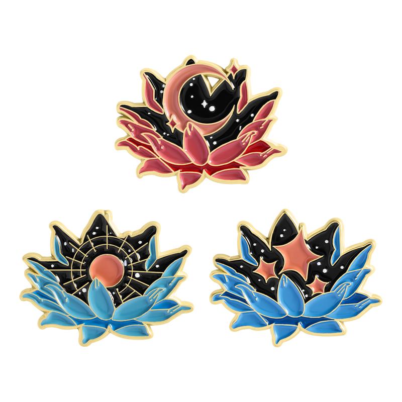 Night Sky Lotus Enamel Pins Custom Moon Stars Sun Brooches Lapel Badges Clothes Plant Jewelry Gift for Friends