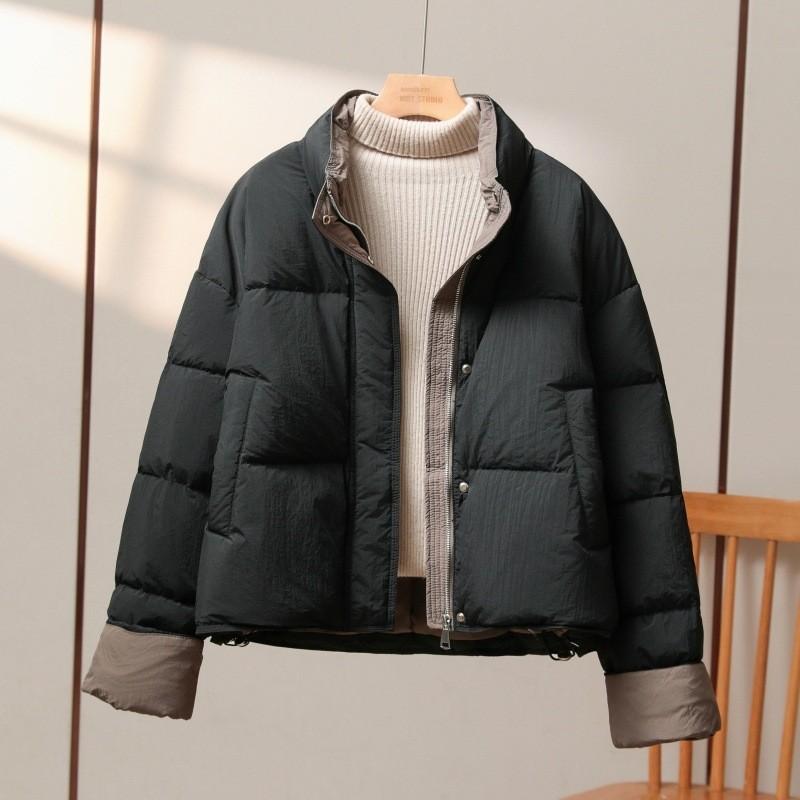 Winter Women's Contrast Color Stand Collar Short Cotton Coat Loose Thickened Coat