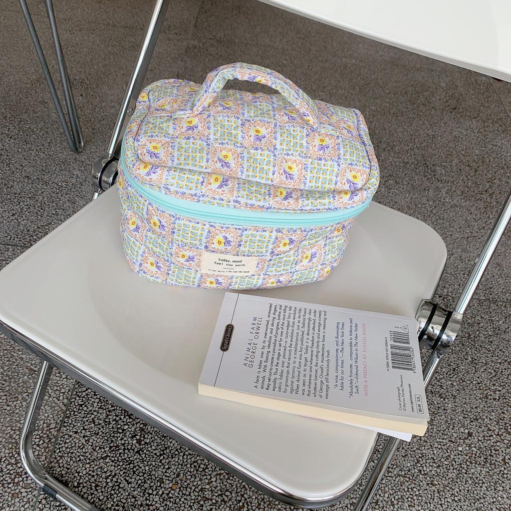 Cute Quilting Cotton Makeup Bag Women Zipper Cosmetic Organizer Travel Essentials Pouch Handbag Box Shape Ladies Toiletry Case