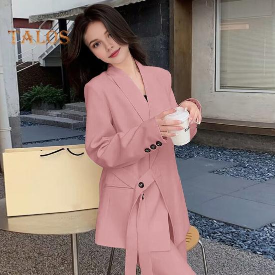 2 buc./set damă haină formală pantaloni set mâneci lungi închidere cu bretele cu nasturi Cardigan cu decolteu în V Jachetă de lungime mijlocie pantaloni drepti cu talie înaltă de afaceri formali