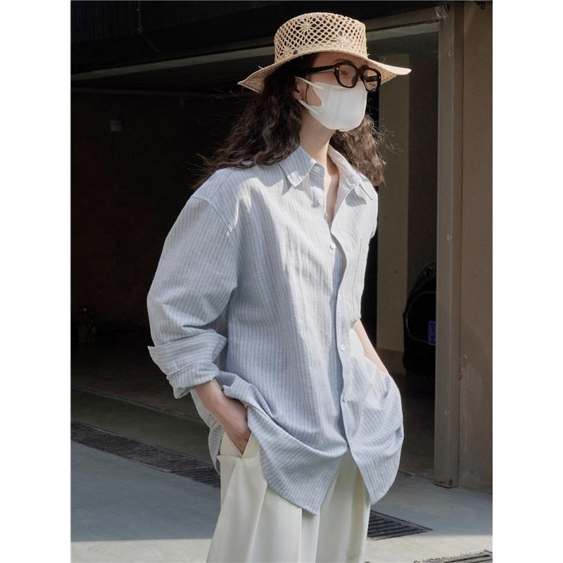 Spring And Summer Fashionable Lazy Linen Striped Shirt Loose Comfortable Breathable Casual Top Women