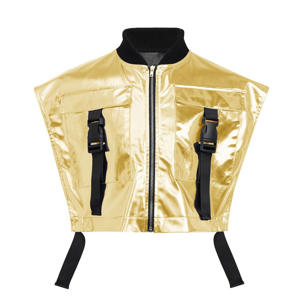Girls Shiny Metallic Vest Sides Open Sleeveless Zipper Jacket Buckle Pockets Jazz Dance Costume