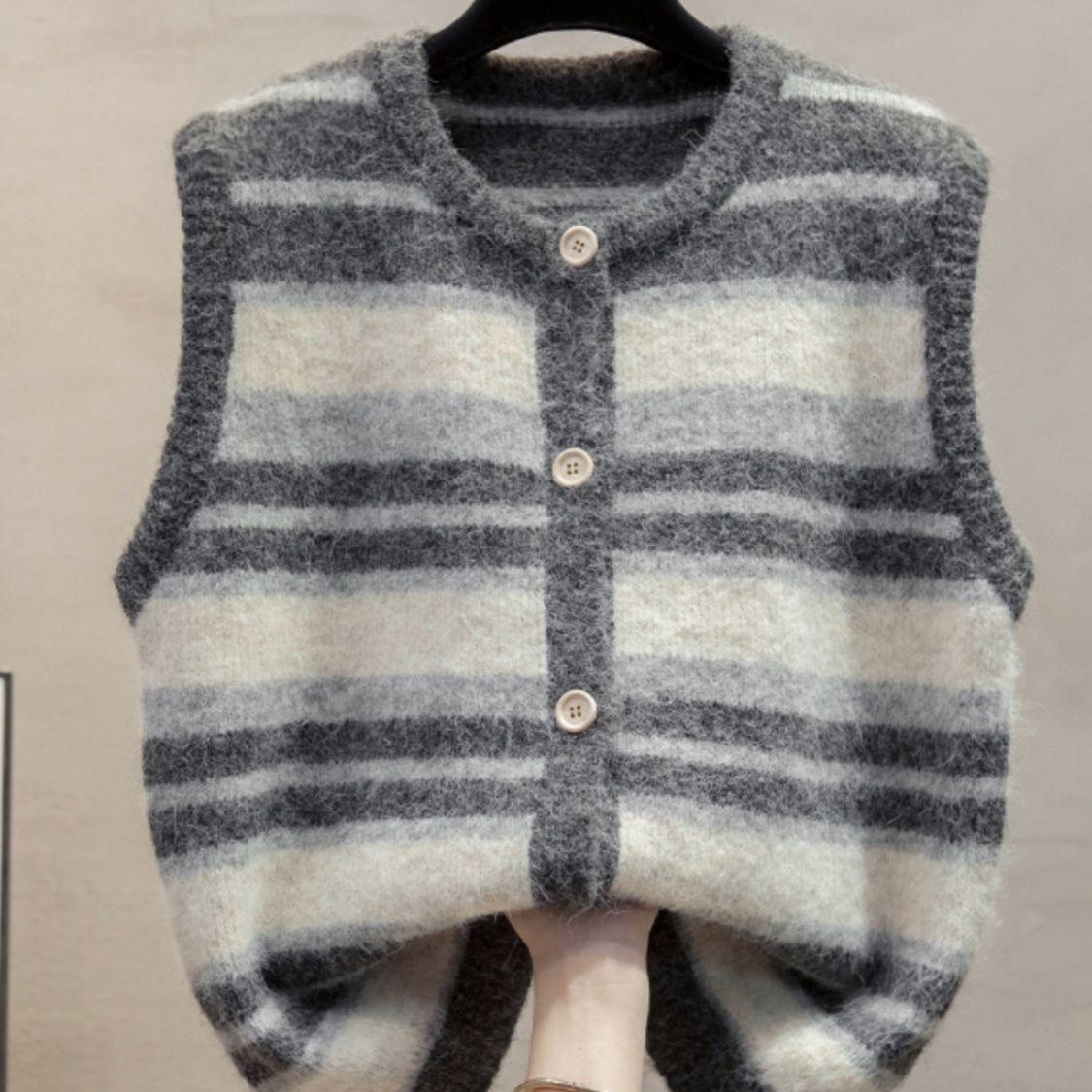 

Полосатый круглый вырез трикотажный жилет для женщин осень и зима свободный внешний трикотажный жилет свитер XL чёрный