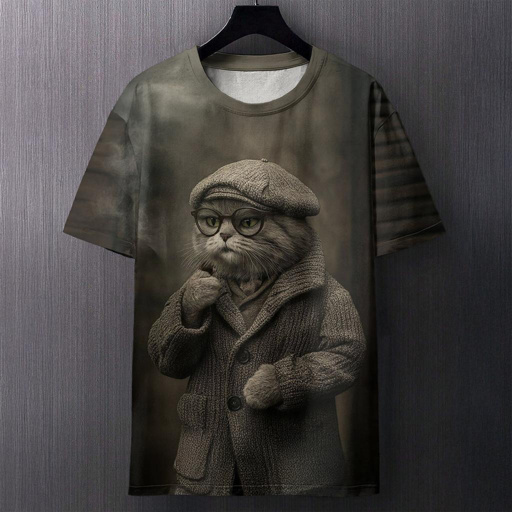 Cat Print Short Sleeved Summer Casual Loose Men's Short Sleeved Plus Size Comfortable Personalized Daily Versatile Round Neck T-shirt