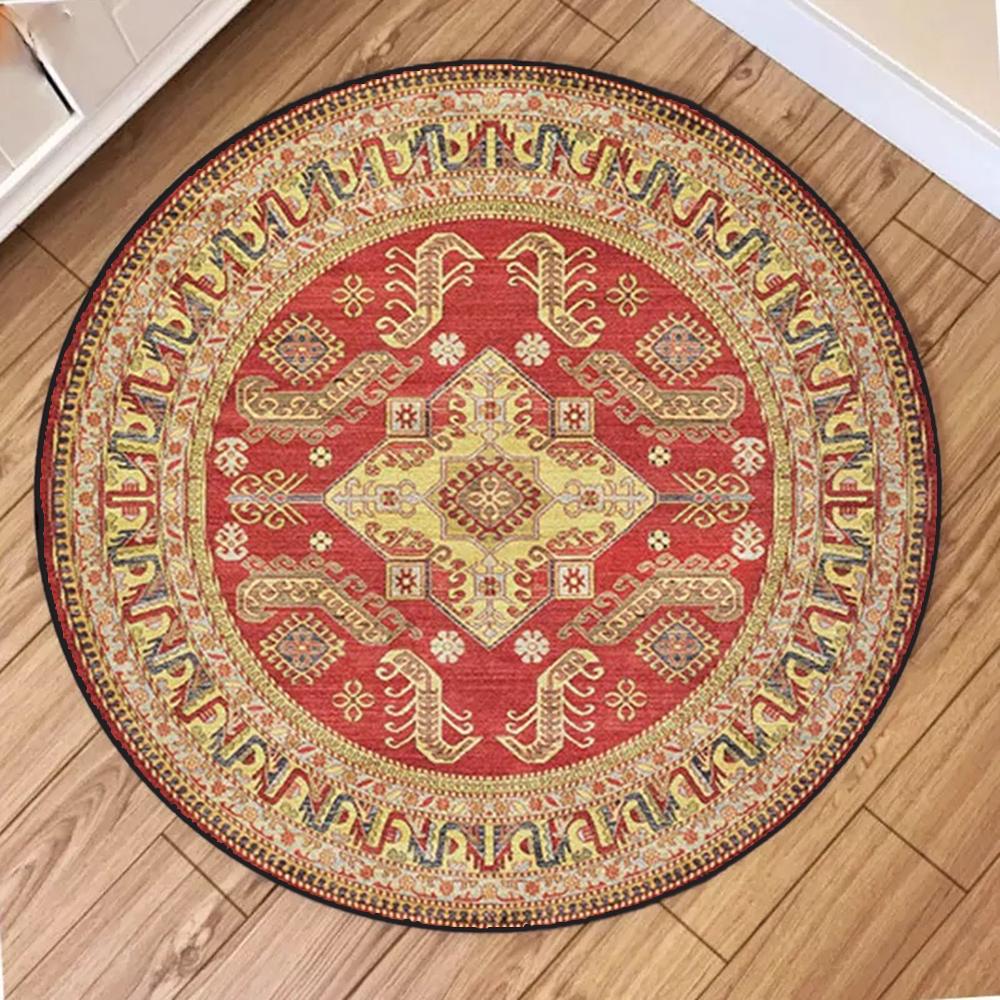Vintage Ethnic Pattern Round Rug Elegant Floral Geometric Scroll Designs Soft NonSlip Carpet For Living Room Bedroom