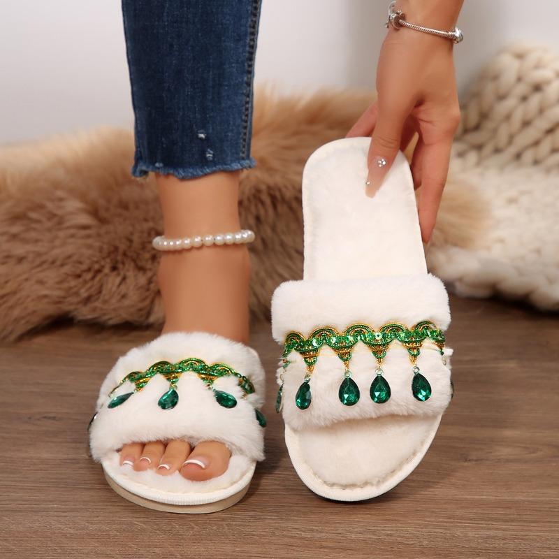 Fashion Crystal Fluffy Women Slippers Home Fashion Luxury Designer Shoes Woman Flat Autumn Winter Faux Fuzzy Fur Slides Indoor Elegant