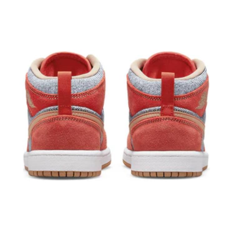 Air Jordan 1 Mid SE PS Denim Red Kids Sneakers Orange Cinnabar Hemp DM4383-600