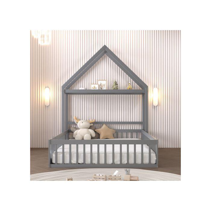 Lit de bébé 140 x 200 avec espace de rangement, rails de sécurité intégrés, porte et sommier à lattes, gris