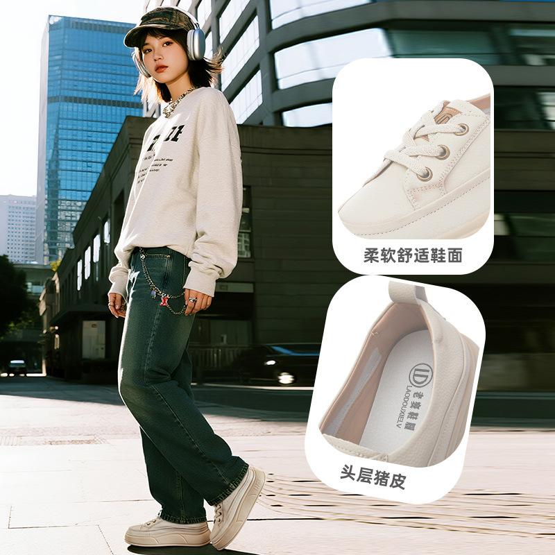 Small size 34 large size 41 leather little white shoes 2025 autumn new thick-soled heightening sports board shoes ethnic style women's shoes