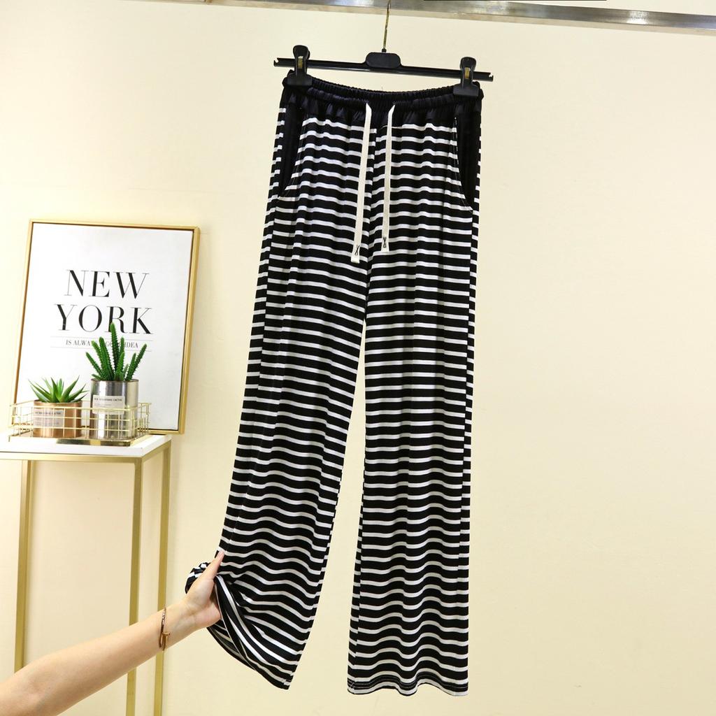Women's Modal Striped Wide Leg Pants Summer Thin Straight Trousers Loose Casual Pajama Pants With Pockets Plus Size Draped Loungewear