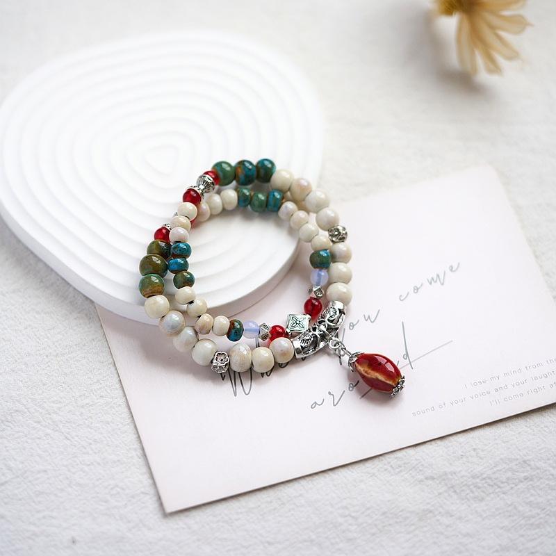 Jingdezhen Ceramic Bracelet New Chinese Style Student Antique Double Circle Beaded Bracelet Jewelry Hand-woven