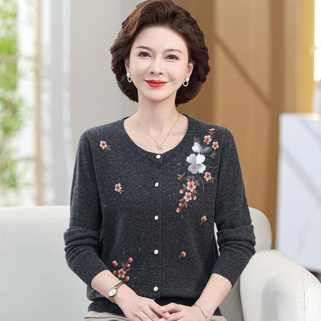 Elegant Women's Pure Wool Cardigan - Autumn/Winter Round Neck Knitwear with Embroidery for Mid-to-Old Age Mothers