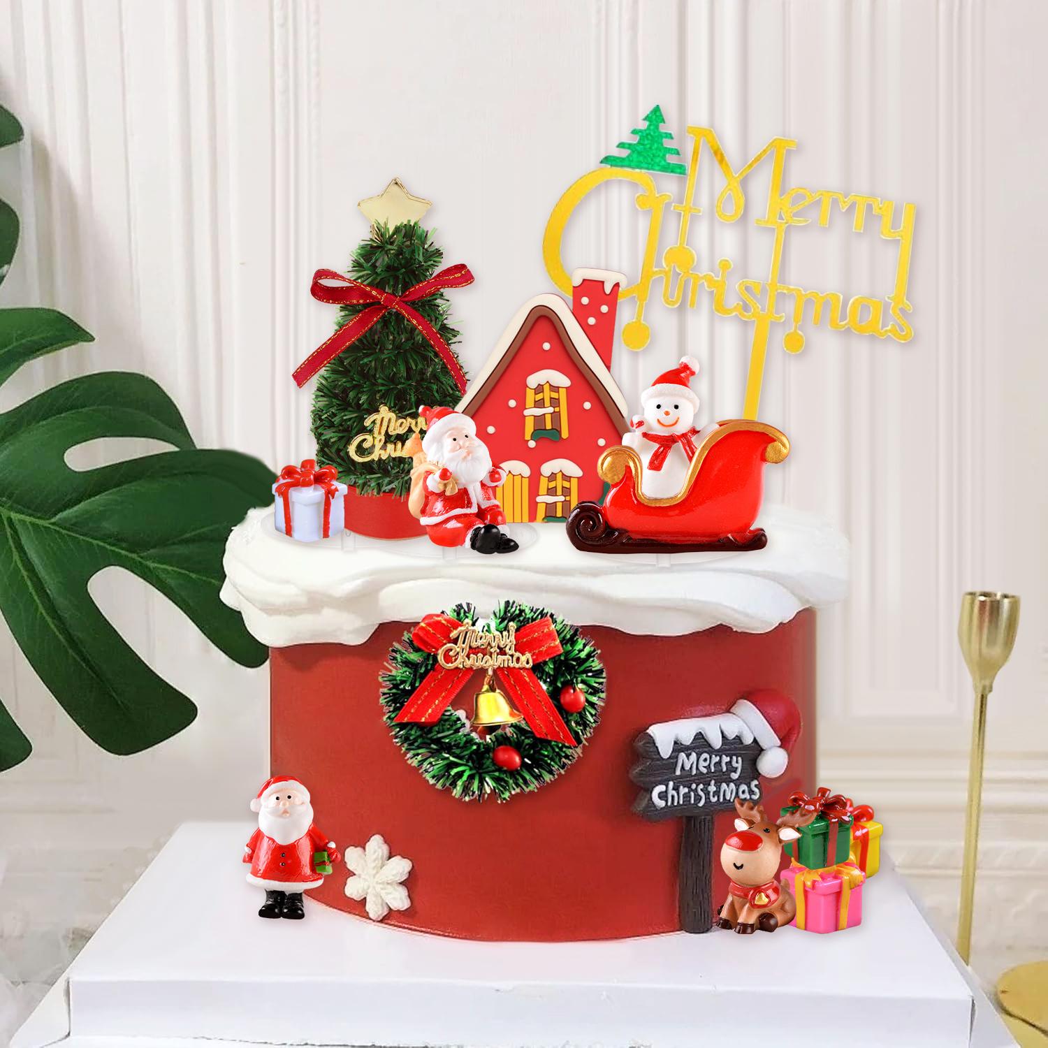 

Christmas Cake Topper with Craft Christmas Tree Mini Santa Sleigh Reindeer, Snowman Cake Decoration and Xmas Party Ornaments