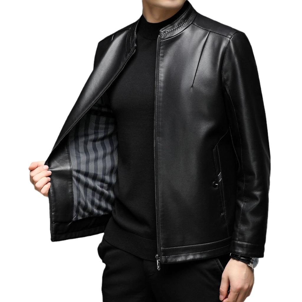 Autumn and Winter New Men's Leather Jacket Leather Jacket Business Casual Stand-up Collar Fleece Thickened Windproof Youth Leather Jacket