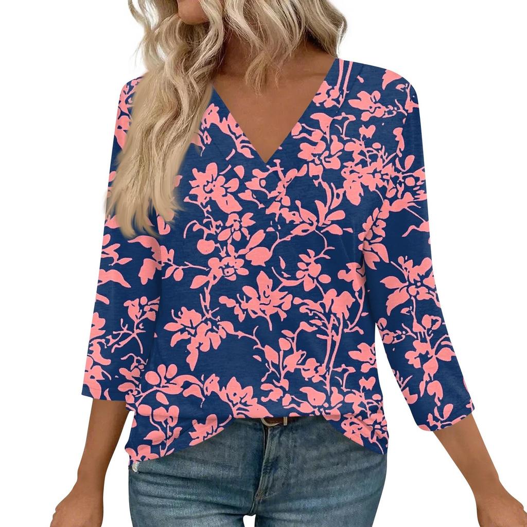 3/4 Length Sleeve Womens Tops V Neck Casual Tunic Tops Basic Shirts Loose Fit Blouse