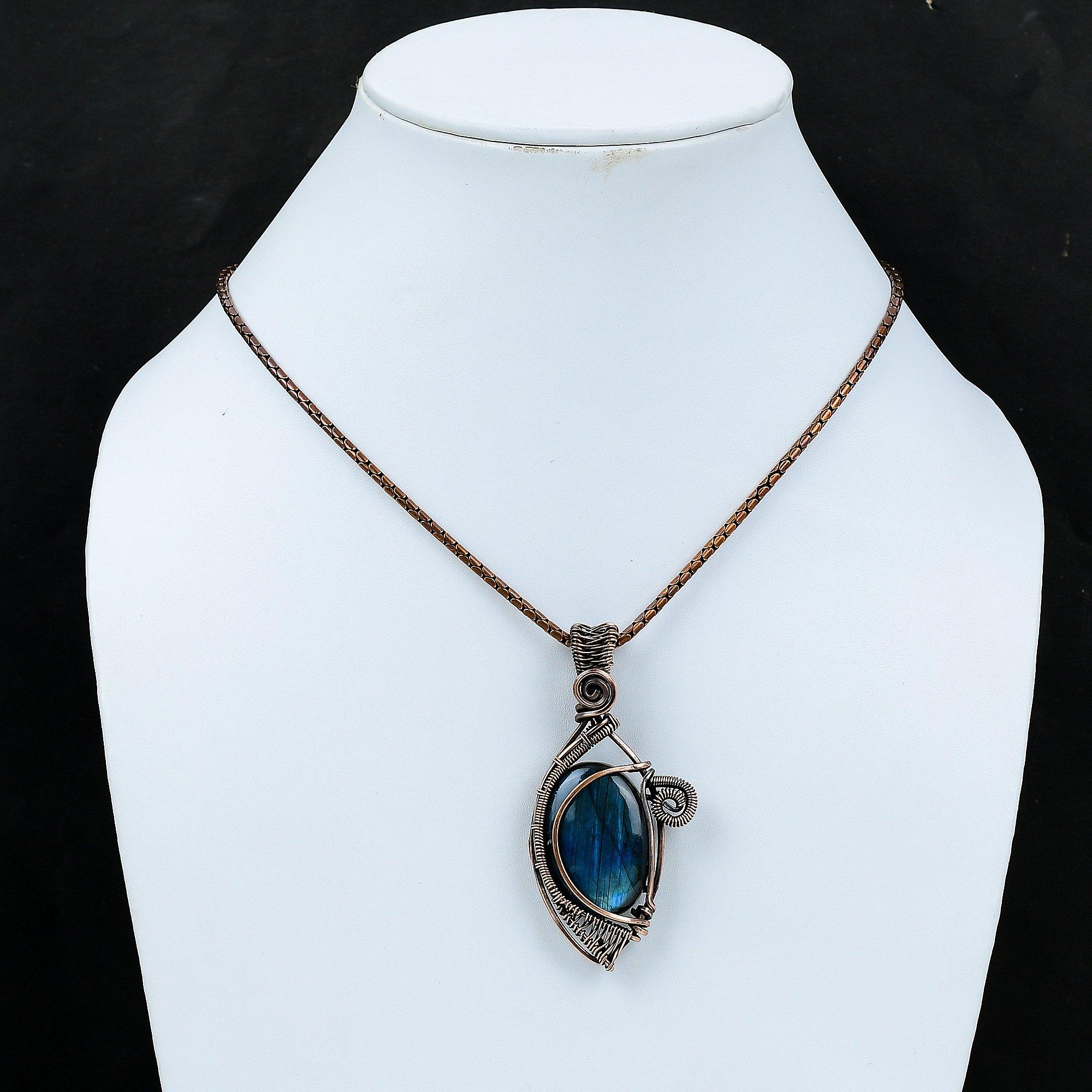 Ciondolo Artigianale In Rame Con Pietra Labradorite Naturale - Fatto A Mano (India)