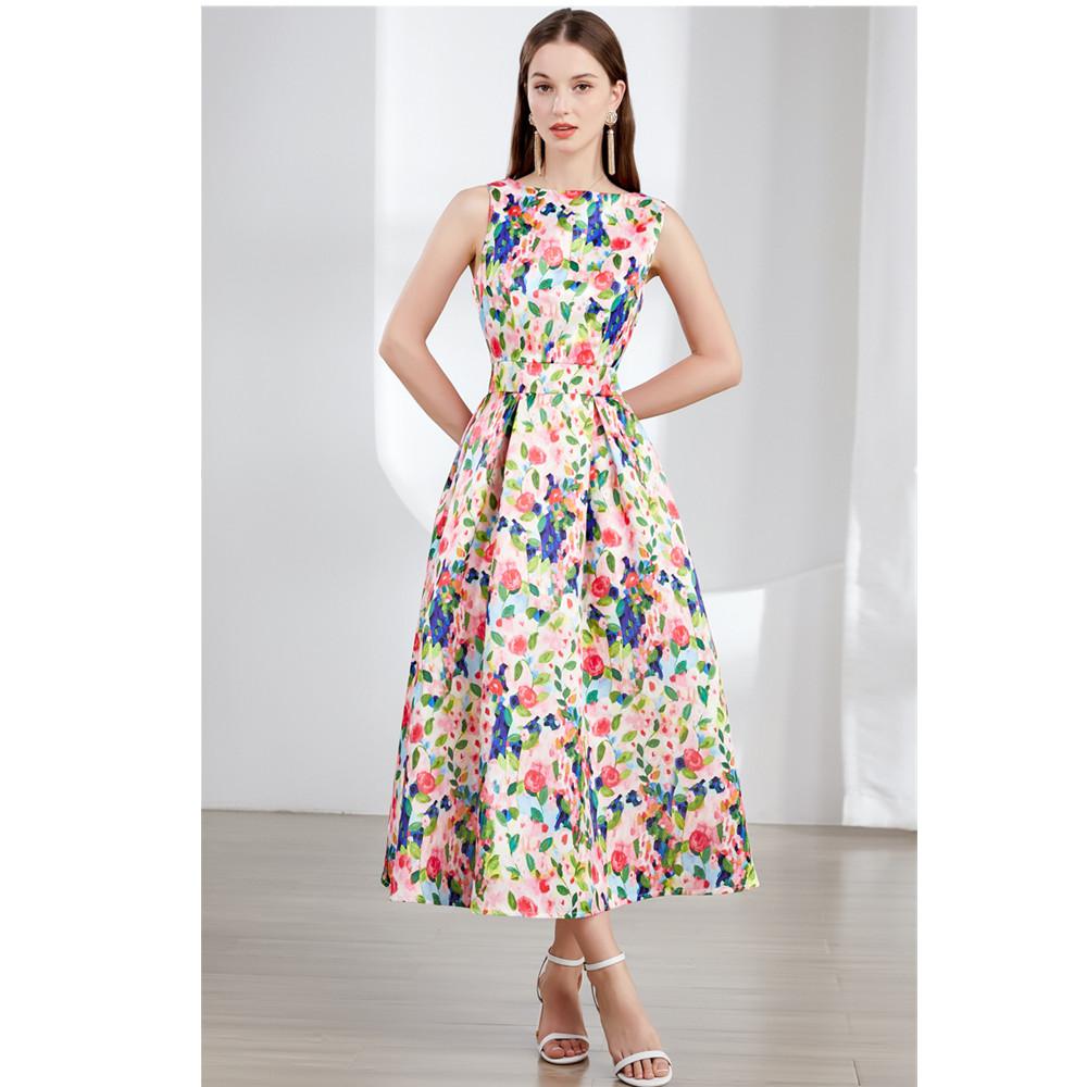 Fashion Colorful Floral Print Jacquard Summer Dresses Women Elegant Sleeveless Draped Party Prom Slim Tank Dress