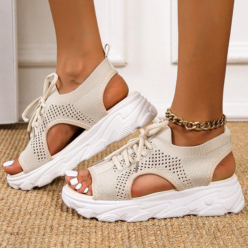Summer Women Sandals Knitted Casual Sneakers Platform Thick Soled Lace Up Sandal Fashion Solid Beach Shoes