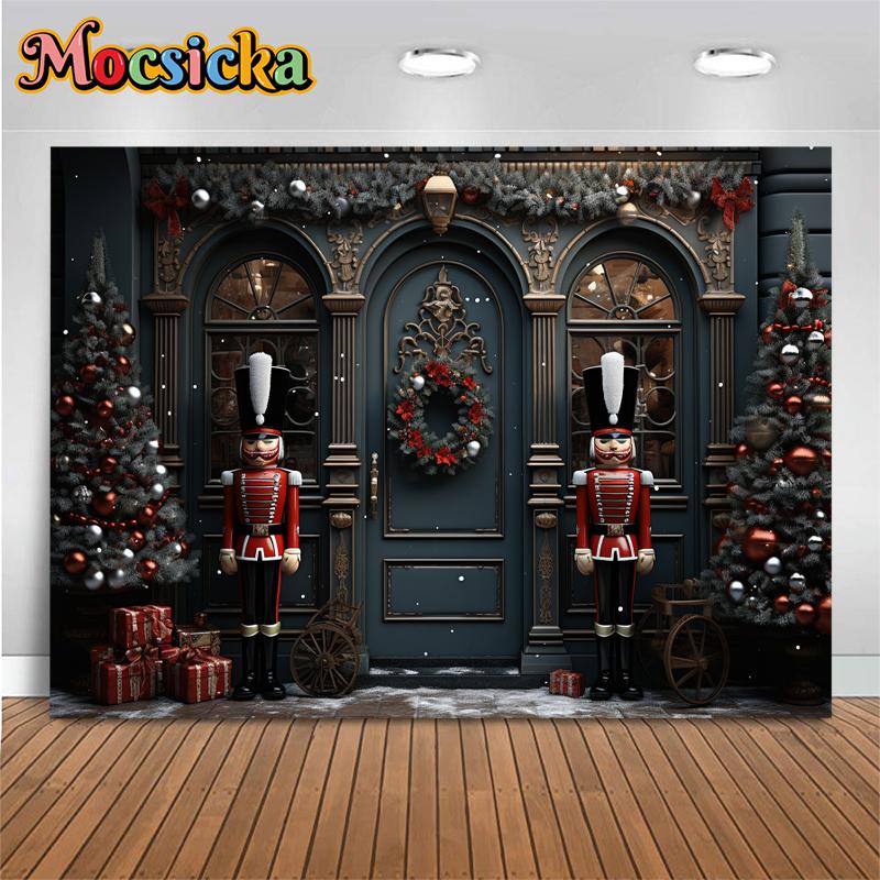 Mocsicka Christmas Photography Background Xmas Tree House Door Snowflake Decorations Children Baby Photo Backdrops Studio Banner