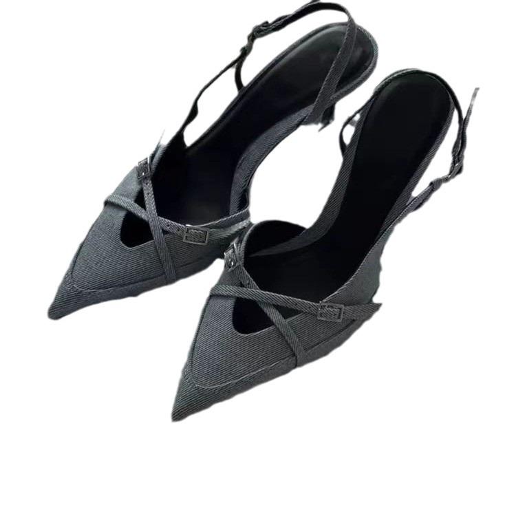 Spitze dünne Absätze Denim High Heels Sommer Nische Temperament neue Ein-Wort-Schnalle mit Taschenkopf Mode Damen Sandalen