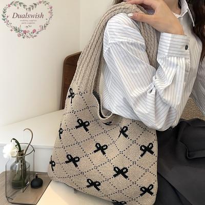 2026 New Arrival Ins Fashion Women Knitted Tote Bag Large Capacity Bow Pattern Woven Shoulder Bag for Daily Use