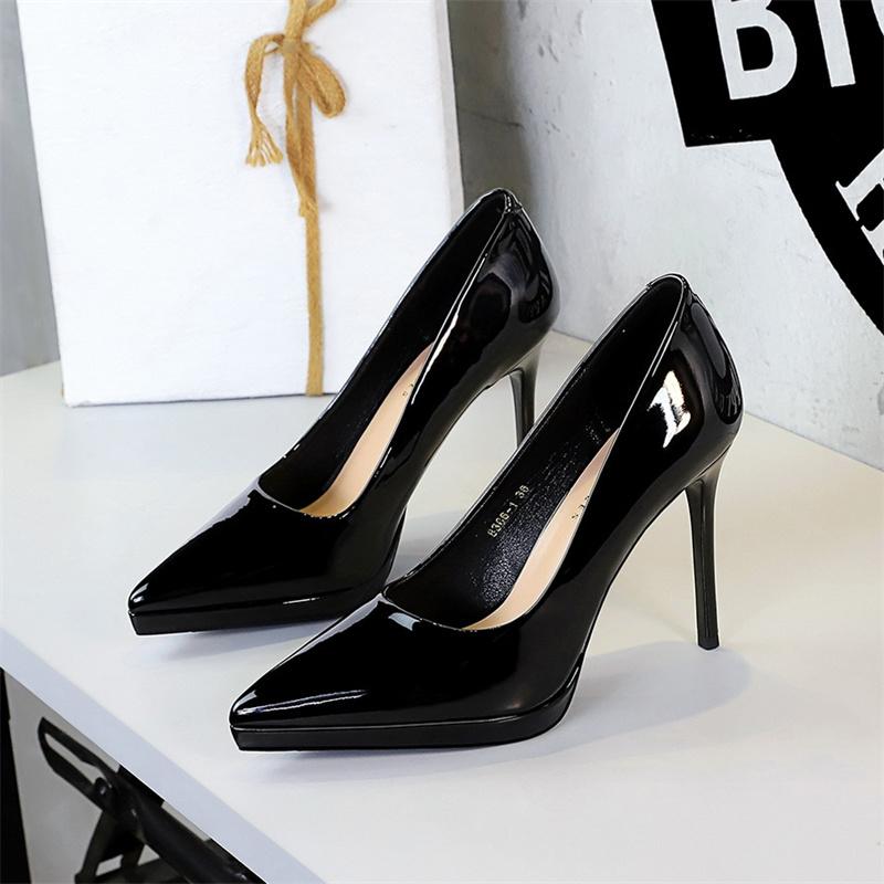 High Heels Fashion Banquet Thin Heel Patent Leather Shallow Mouth Pointed Toe Ultra High Heel Waterproof Platform Single Shoes