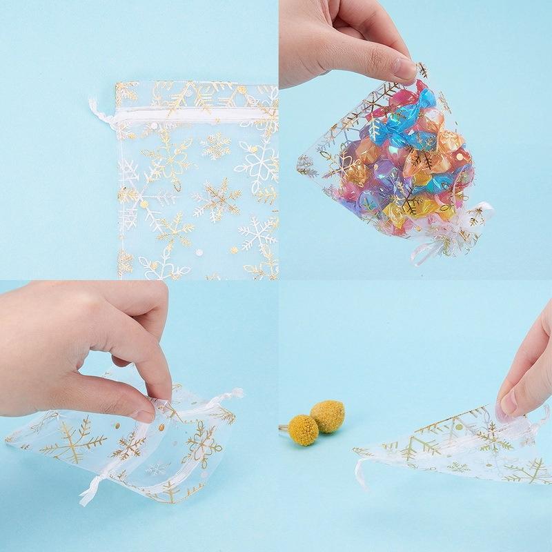 100pcs white printed Drawstring Gauze Bag Organza Bag Packing Holder Color Gold Yarn Candy christmas gifts Bags