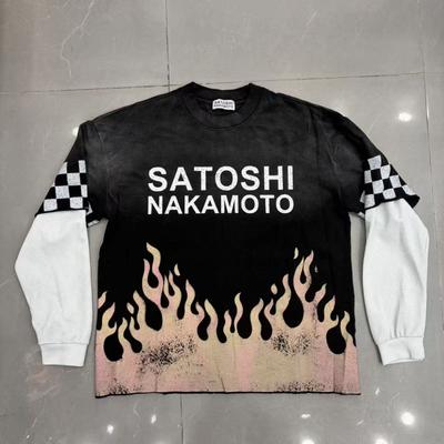 Mens Vintage Washed Flame Print Long Sleeve Tee Loose Fit Cotton Streetwear Hip Hop T-Shirt