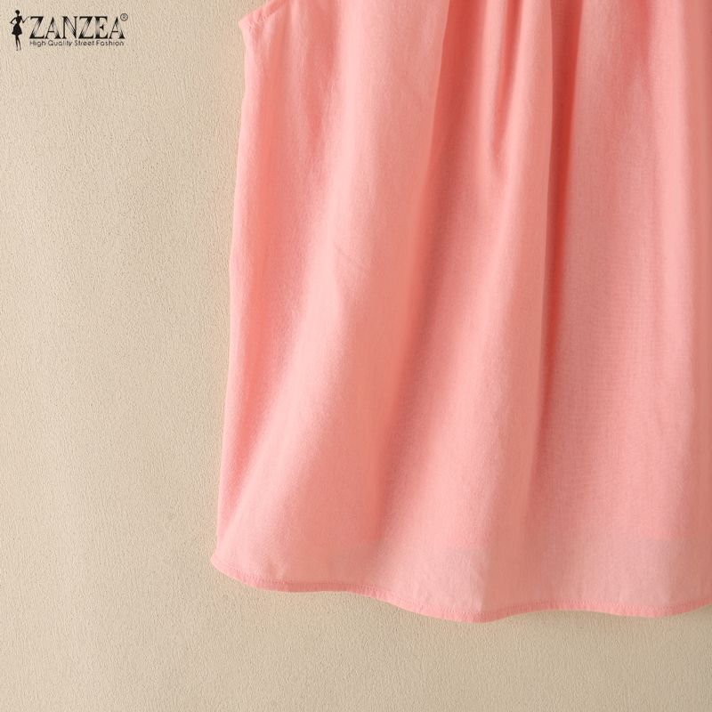 ZANZEA Women Casual Round Neck Solid Color Short Sleeve Cotton Blouse