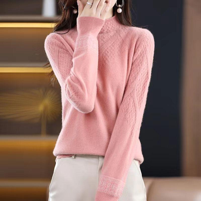 

Пуловер вязанной вязки в рубчик, повседневный однотонный свитер с воротником-стойкой и длинными рукавами на осень и зиму, женская одежда 3XL розовый