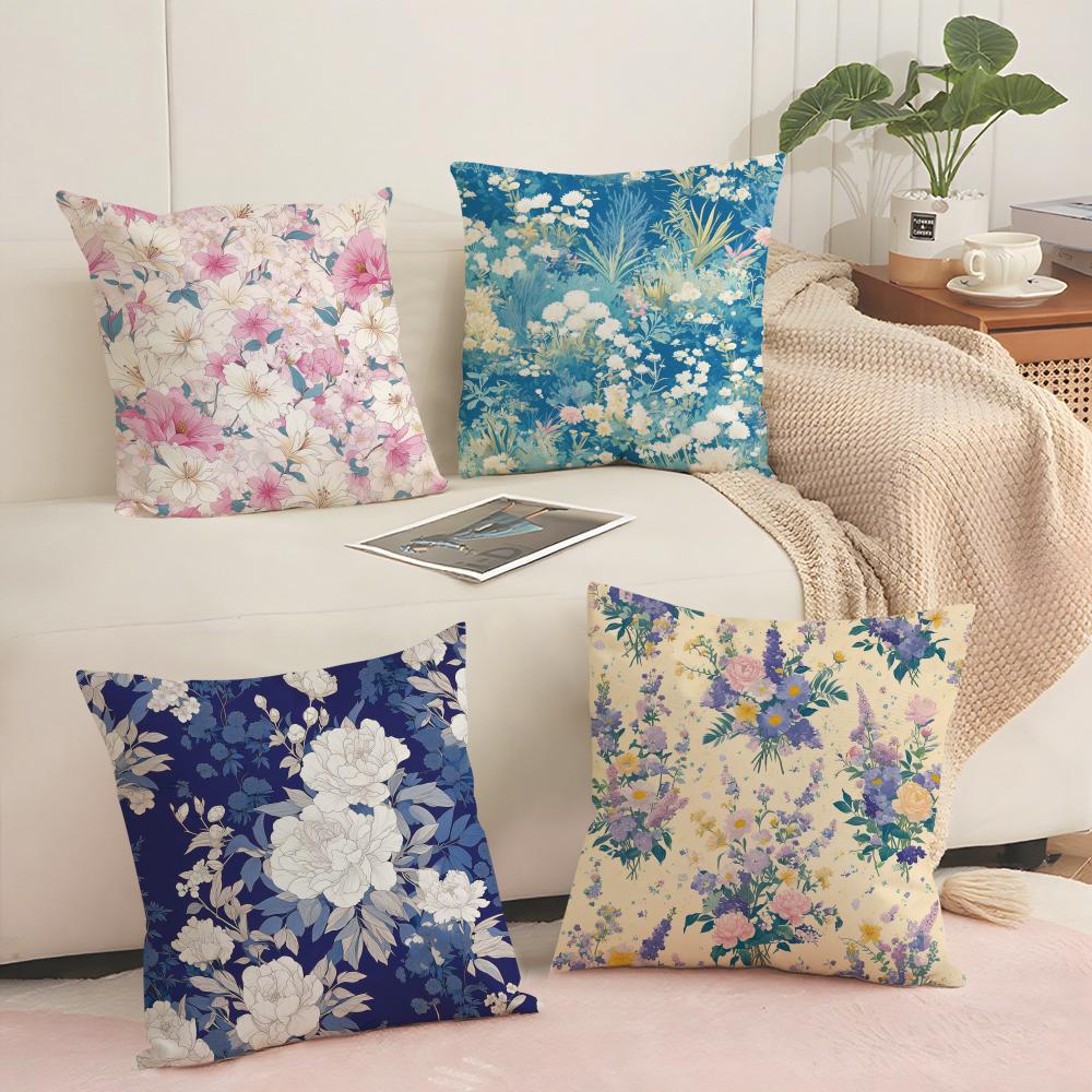 Classic Flowers Pattern Blue Cushion Cover Short Plush Doublesided Print Square Throw Pillow Covers Sofa Home Cushion Decor