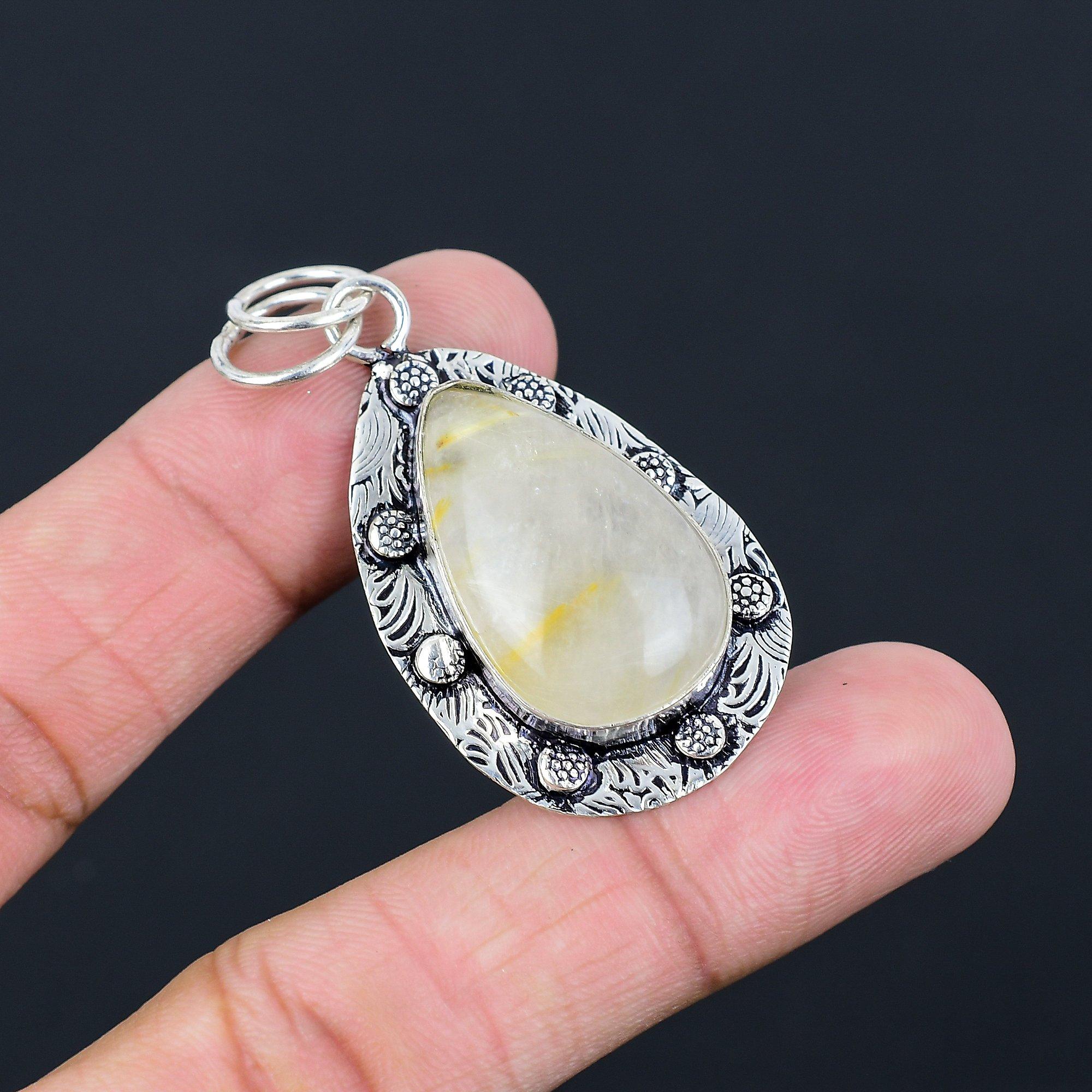 Friendship Day Sale Golden Rutile Gemstone Unique New Pendant Jewelry 925 Silver