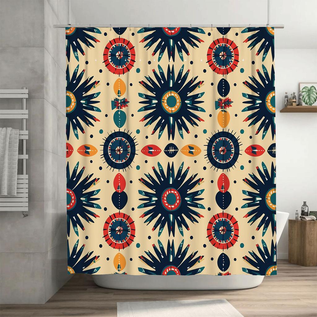 Vintage Retro Blue Red Circular Shower Curtain Home Decor Bathroom Waterproof Privacy Protection Indoor Decoration Artistic Patt