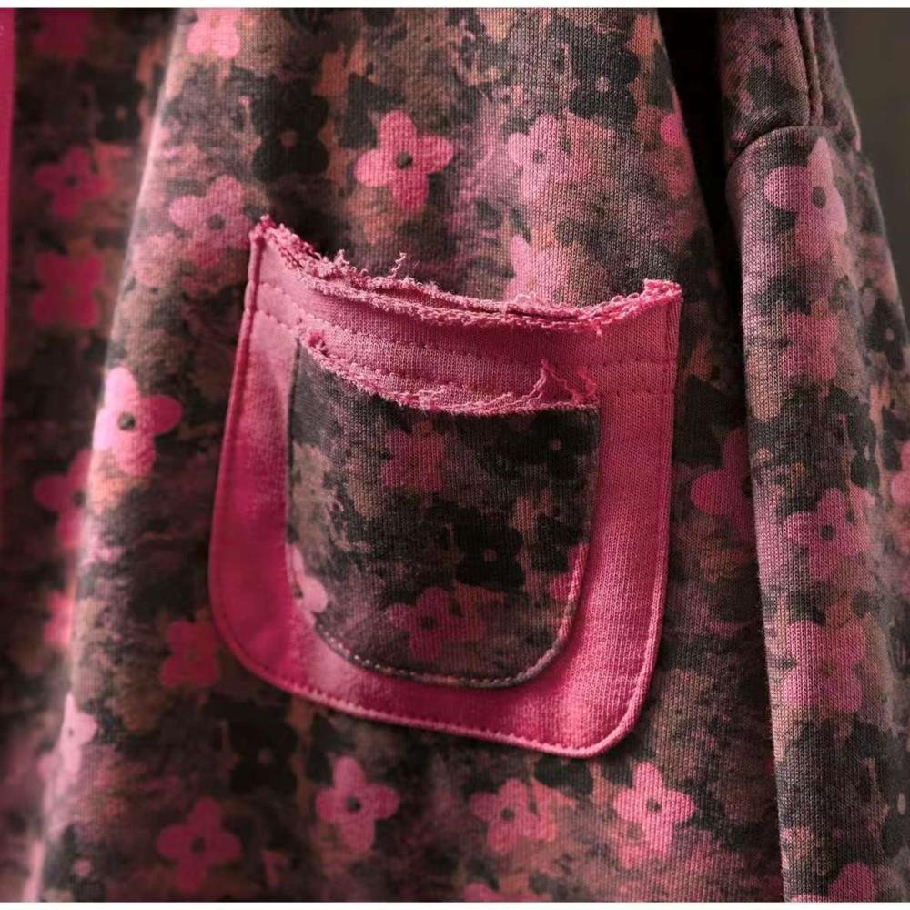 Johnature Women Vintage Print Floral Hooded Sweaters Pullover Pockets Autumn Casual Terry Long Sleeve Female Sweaters