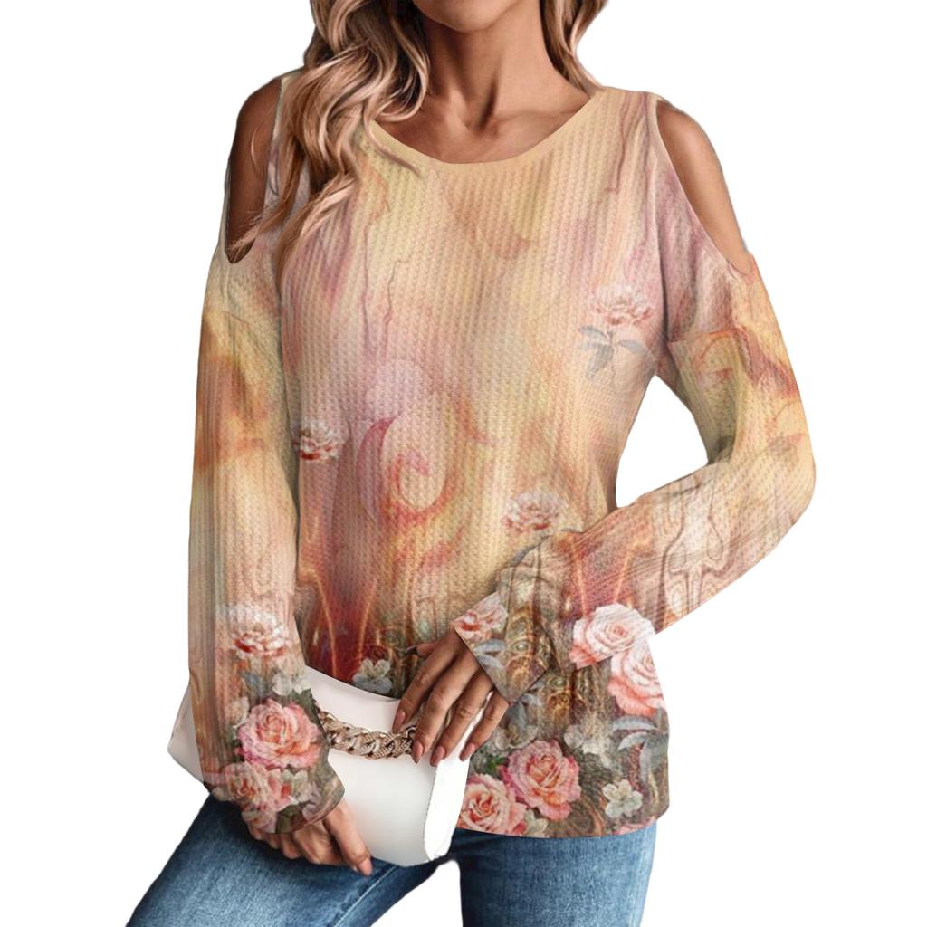 Damen Winter Oversized T-Shirt Modisch Schulterfrei Rundhals Vintage Blumendruck Pullover Langarm Oberteil