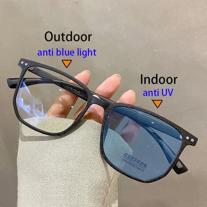Fashion Photochromic Myopia Glasses Men Women Square Anti Blue Light Finished Prescription Eyewear Ultralights Retro Glasses
