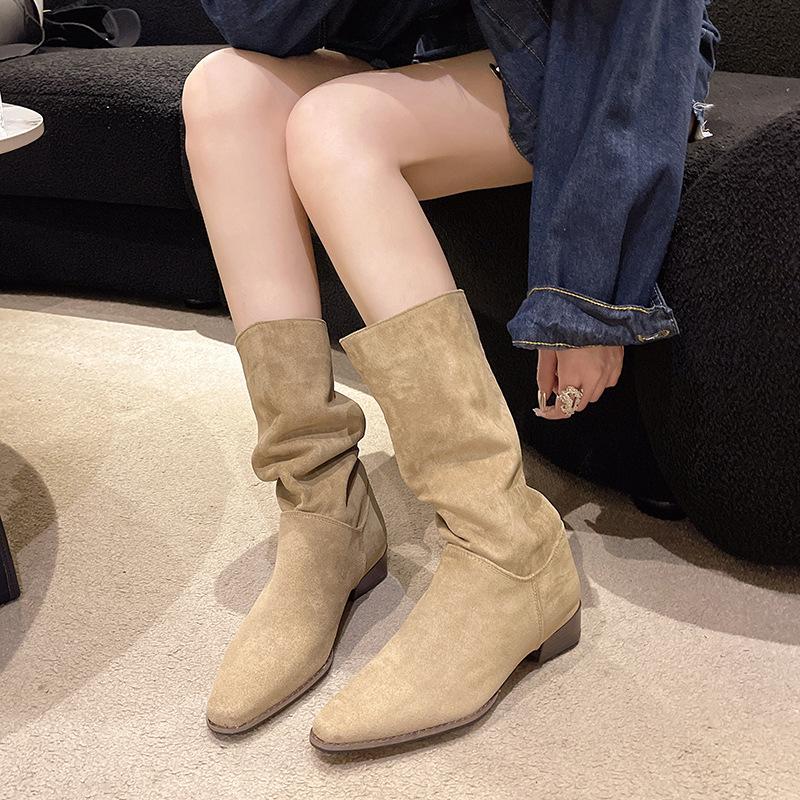 

2024 autumn and winter new French retro stacking boots western cowboy boots fashion high boots Korean version pointed long boots 40 хаки