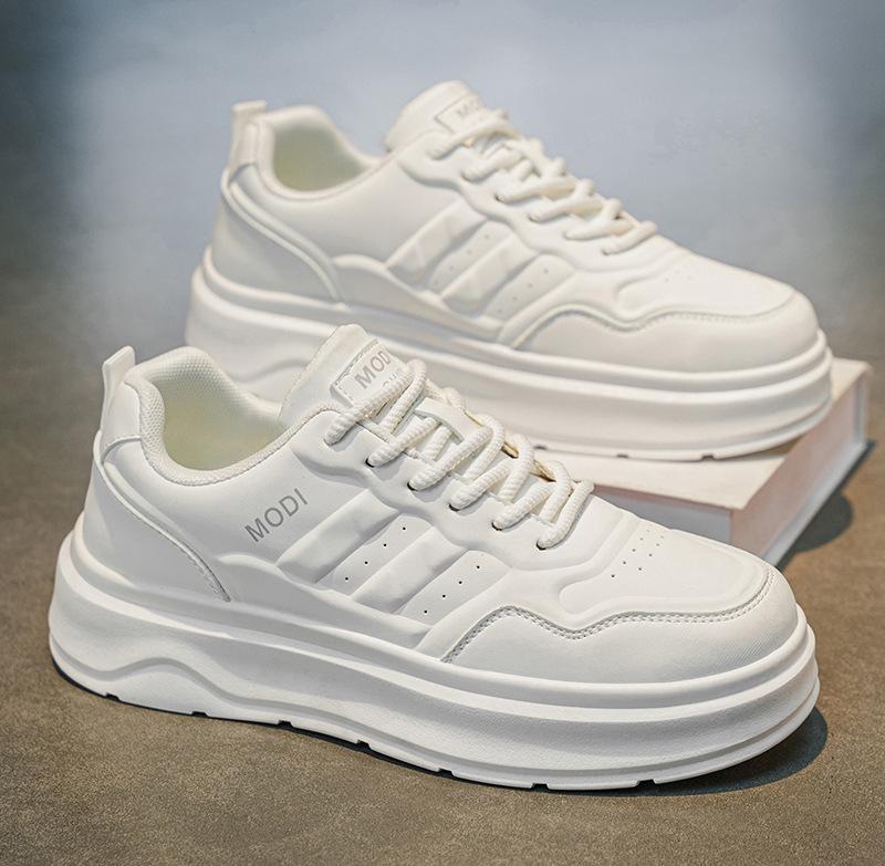 2026 Summer Men's White Platform Sneakers Leather Casual Shoes Thick Sole Streetwear Trendy Footwear