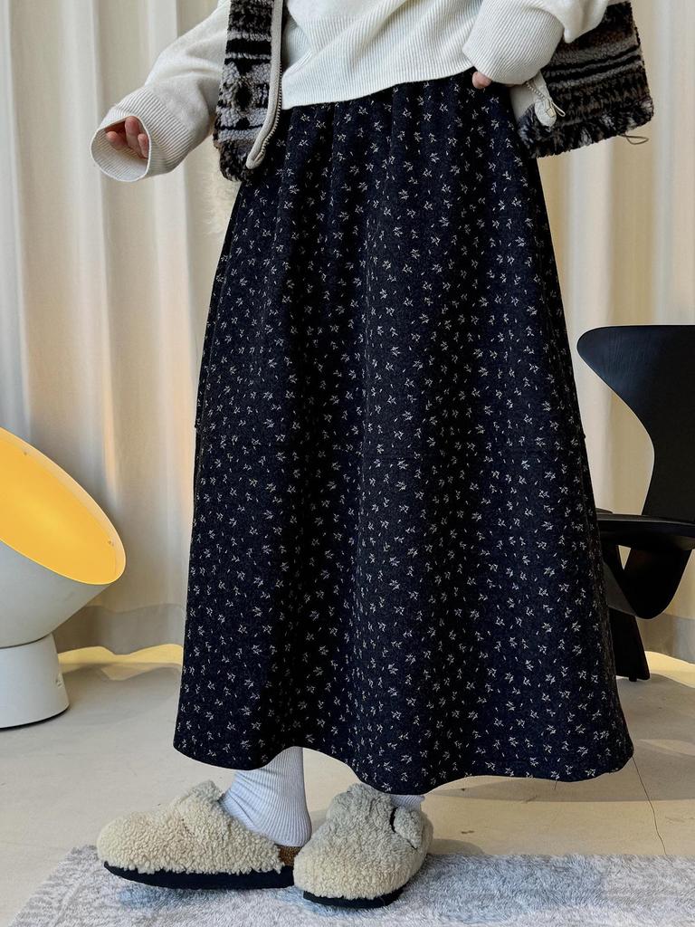 Louvre Winter Retro Floral Wool Tweed A-Line Midi Skirt for Women