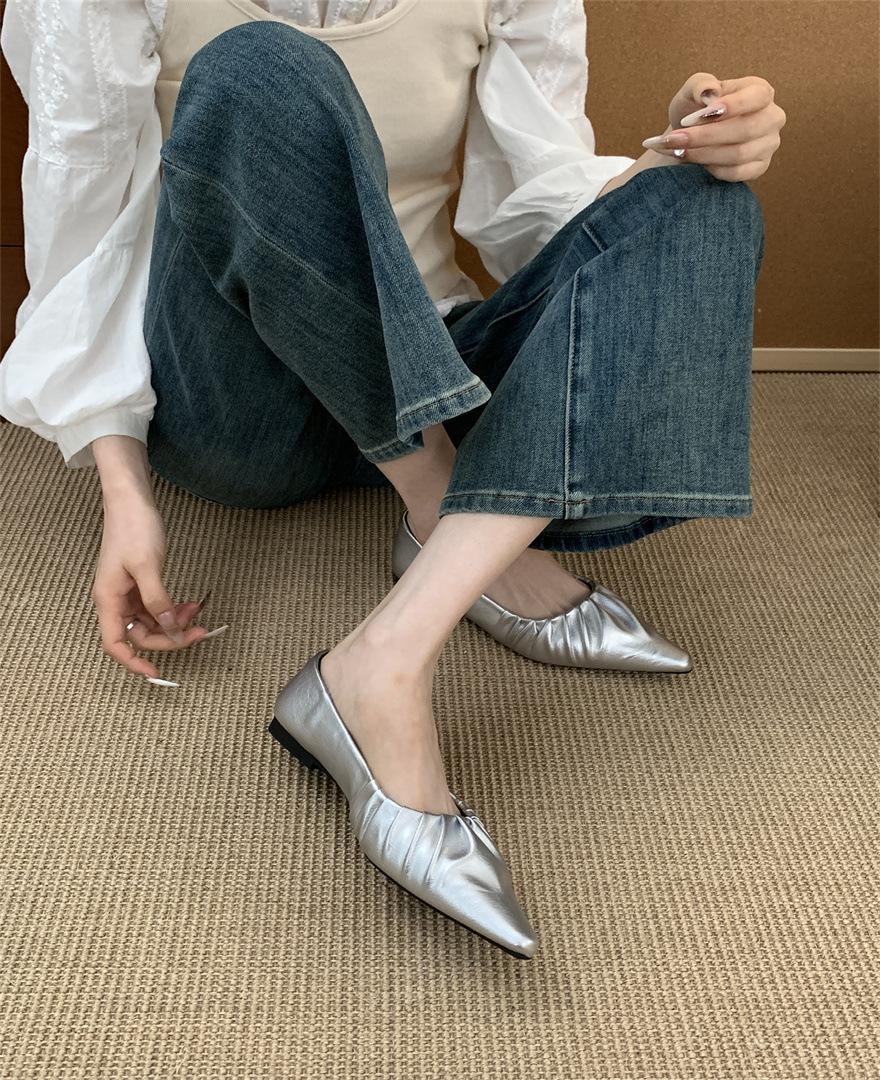 

Французские туфли-лодочки с острым носком и плиссировкой на мягкой подошве, женские, 2025, новая ниша, вечерние, вечерний бриз, балетки, на мягкой подошве, для беременных, туфли-бини 39 серебряный