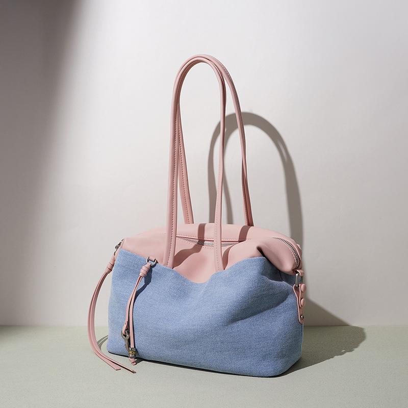 Versatile Underarm Women's Bag Retro Denim Splicing Cowhide Tote Bag Design Crossbody Shoulder Bag